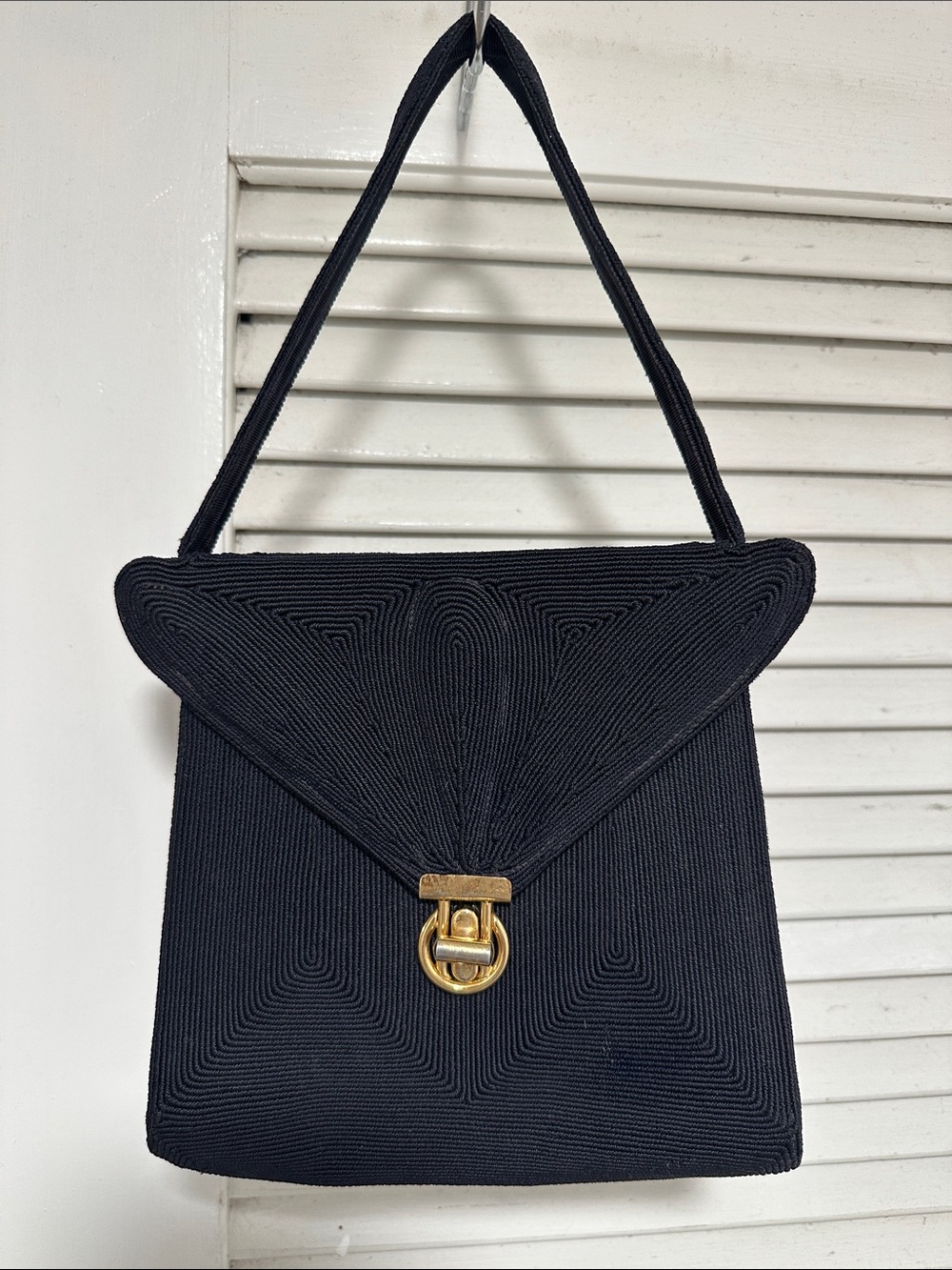 Arvey Genuine  Corde ,  Structured Black Shoulder Bag with Gold Clasp
